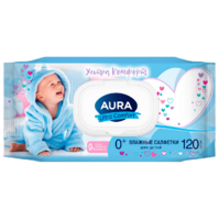 AURA Влажные салфетки детские ULTRA COMFORT с алоэ и витамином Е,120 шт с крышкой клапаном